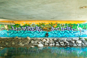 Mural under Queen St bridge with artist Blaze
