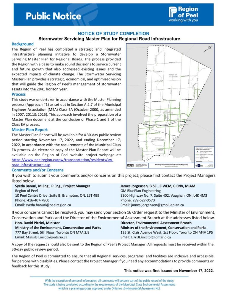 Stormwater Servicing Plan for Regional Road Infrastructure EA – Notice of Completion
