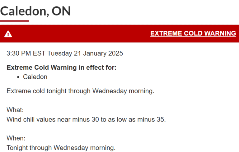 Extreme cold alert issued for Caledon area